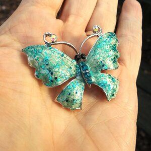 Vintage butterfly brooch in sparkling aqua blue green enamel